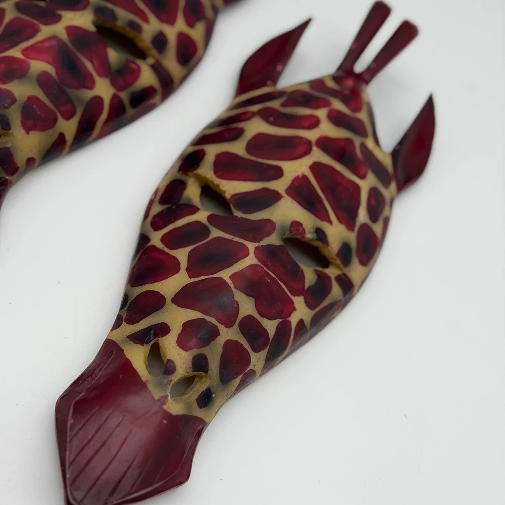 Vintage African Inspired Giraffe Mask Wall Decor Set of 2 Burgundy Animal Print
